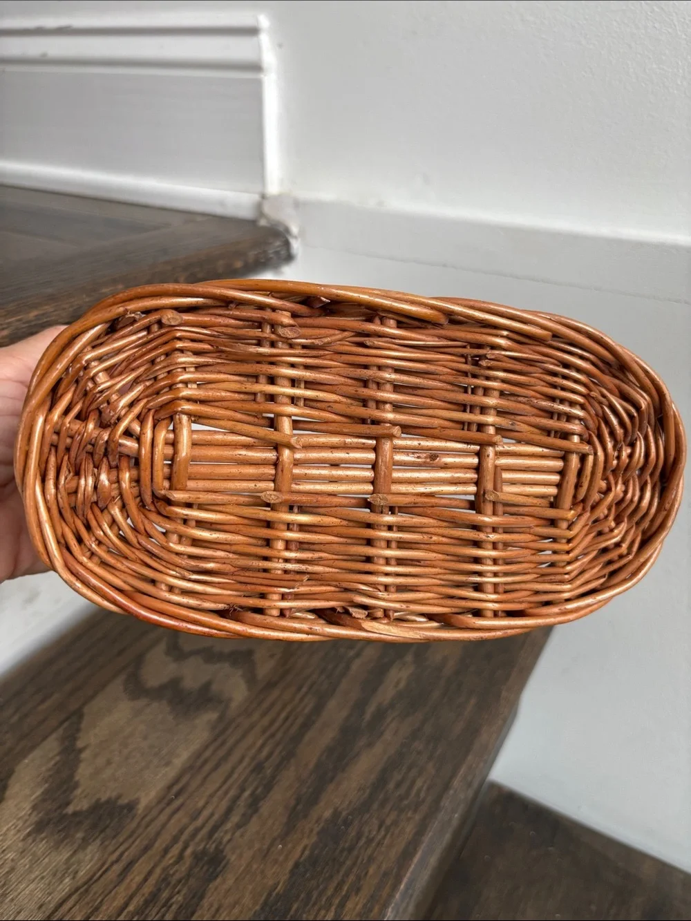 Wine carrier rattan basket, divided interior, handle, open weave, 15” tall